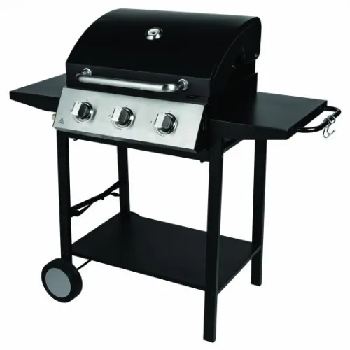 Barbecue à gaz, cuve en acier, grilles de cuisson en acier chromé, sur chariot.