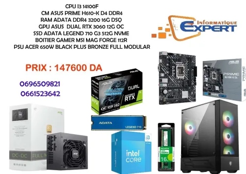 CONFIG I3 14100F/RTX 3060 12G/SSD 512G/H610-K D4 DDR4/RAM 16G/MAG FORGE 112R/PSU ACER 650W
