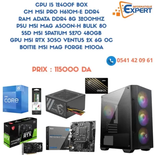  I5 12400F BOX CM MSI H610M-E RAM  DDR4 8G PSU MSI A500N-H  SSD  480GB RTX 3050 6G OC BOITIER MSI