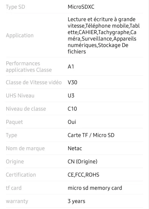 Carte MicroSDXC Netac 64 Gb C10 A1 V30 100Mb/s.