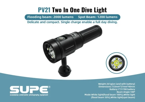Phare de plongée double faisceaux vidéo/explo 2000 lumens PV21 SUPE