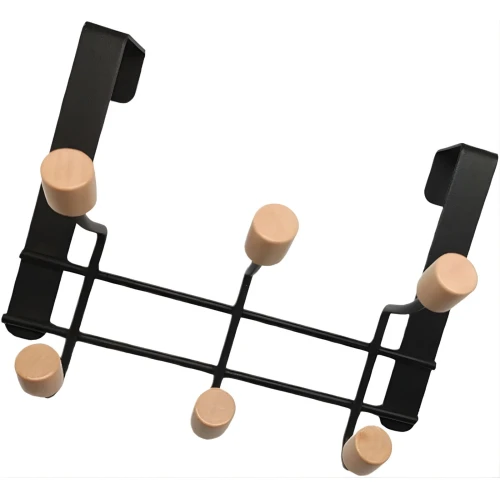 Porte Manteau Accrochable Avec 6 Crochet En Acier Crochet En Bois - Noir-