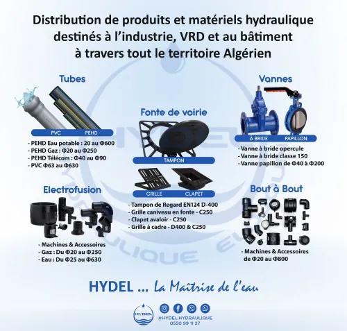Produits Hydraulique : - Tubes - Fonte de voirie - Vannes - Electrofusion - Bout à bout