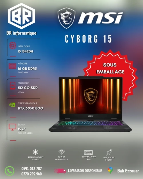 MSI CYBORG 15 B13WEKG I5 13420H 16GB 512GB SSD RTX 5050 8GB GDDR7 15,6 FULLHD 144HZ NEUF