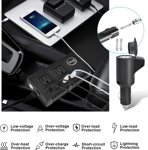 Inverseur de voiture 200 W 12v a 110v (2 prises 4 ports USB 3.0, prise allume cigare, écran LED)