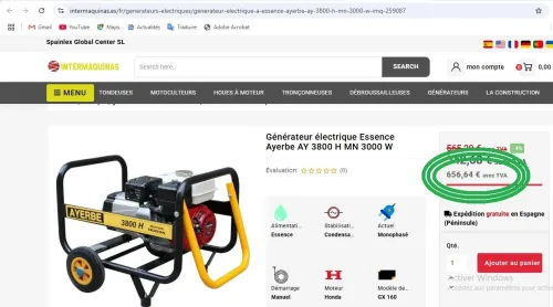 Groupe electrogène essence 4KVA 220V moteur HONDA GX160 AYERBE 3800H (SPAIN-Italy-Japan)