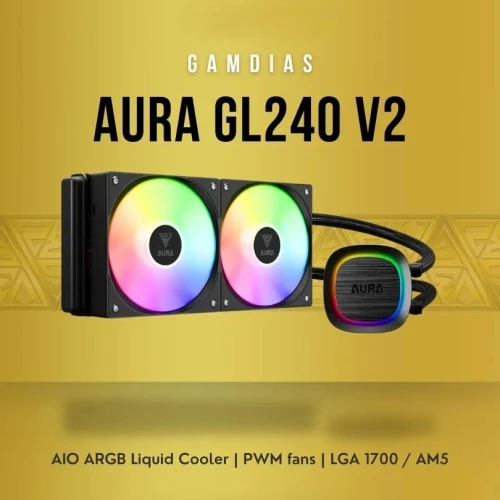 GAMDIAS AURA GL240 V2 - WATER COOLING 240MM -2 X FANS ARGB - PERFORMANCE - INTEL & AMD - BLACK