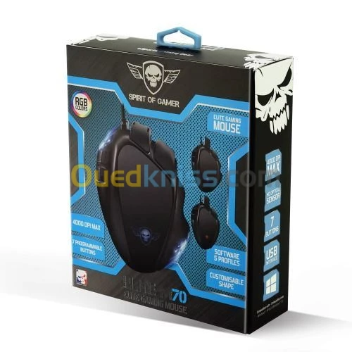 Souris Spirit of Gamer filaire ELITE-M70 4000 DPI - 3 EXTENSIONS Noir