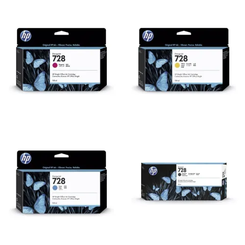 HP DESIGNJET 728 -PACK D'ENCRE ORIGINALES 130ml - 4 COULEURS - HP DESIGNJET T730 - T830 -T650 -T630