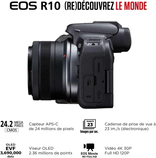 CANON EOS R10 Hybride Mirroless 24.2MP + Objectif RF-S 18-45mm F4.5-6.3 IS STM
