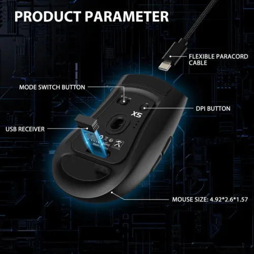 ATTACK SHARK X5 - SOURIS FILAIRE & SANS FIL - BLUETOOTH - 2.4G - 5 BOUTONS - 4000 DPI - RGB - BLACK