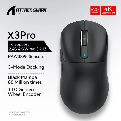 ATTACK SHARK X3 PRO - SOURIS FILAIRE & SANS FIL - BLUETOOTH - 6 BOUTONS - 26000 DPI - 8KHZ - BLACK