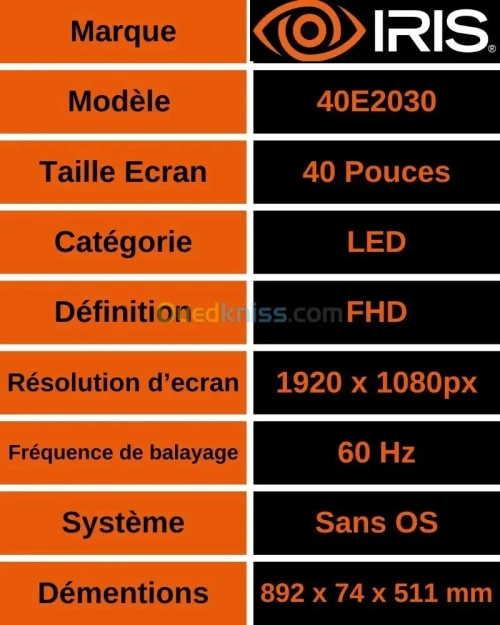 TV IRIS E2030 40" POUCES - LED HD BASIC - FLICKER FREE - DOLBY AUDIO- 16:9 60HZ - HDMI / USB -BLACK