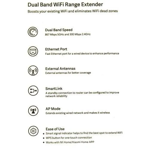 XIAOMI MI WIFI RANGE EXTENDER AC1200 - DUAL BAND - WIRELESS SPEED - SMART LINK - 867MBPS - ETHERNET 