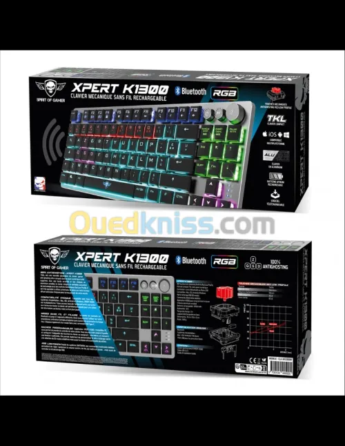 Spirit Of Gamer XPERT K1300, Clavier Gamer Mecanique TKL sans Fil Bluetooth