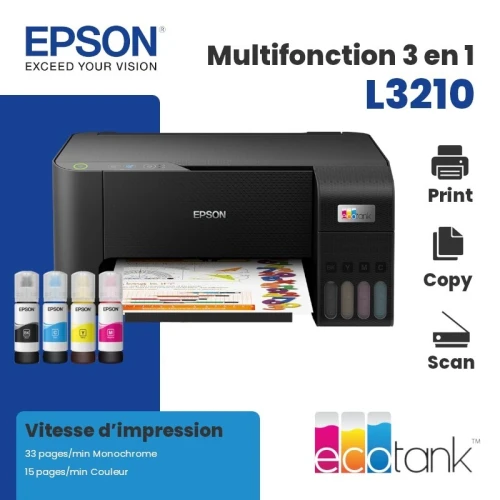 EPSON L3210 IMPRIMANTE MULTIFONCTION À RÉSERVOIR INTÉGRÉ 3EN1 COULEUR COTANK L3210 / USB - BLACK