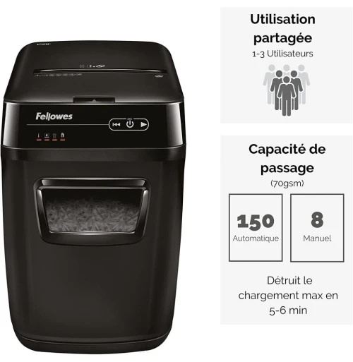 FELLOWES DESTRUCTEUR DE DOCUMENTS AUTOMAX 150C - COUPE CROISÉE P4 - 32 LITRE - AGRAFES - TROMBONES