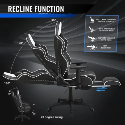 KIROGI SIÉGE GAMING 2076 XL - ACCOUDOIR 5D -  REPOSE-PIEDS - ROTATION À 360 - ERGONOMIQUE - NOIR