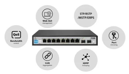 D-LINK DGS-F1100-10PS-E SWITCH 10 PORTS GIGABIT - POE+ - SMART - VLAN - CCTV - 96W - RACKABLE