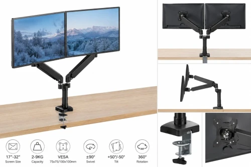 SUPPORT ECRAN DUAL MONITOR  - ARMS BRAKET - BRAS ARTICULÉS - VESA 75x75 / 100x100 - JUSQU'À 27" - BLACK