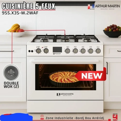 Cuisinière Arthur Martin 5 feux blanche gaz electrique double wok