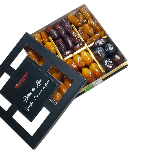 Boite carrée de datte mixte Balla/Dali/Jouhart/Zwin/Kermouss/Kaci 900 Gr