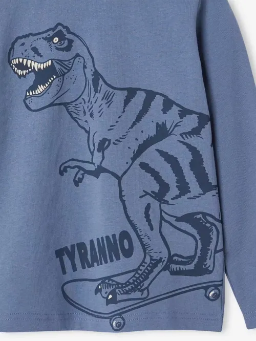 Vertbaudet Tee Shirt Garçon, Manches Longues, Imprimé Dinosaure, Bleu, Produit Original