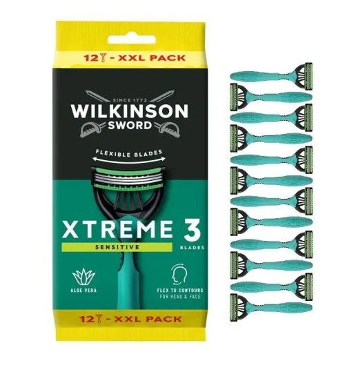 Wilkinson Pack de 12 Rasoirs Jetables Homme,  Xtreme 3 Sensitive, Peaux sensibles, Produit Original