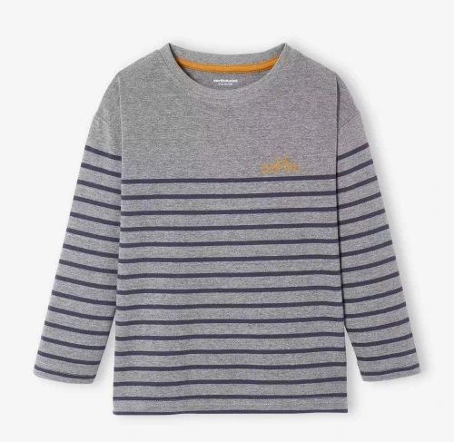 Vertbaudet Tee Shirt Marinière Garçon, Motif Poitrine, Gris Foncé Chiné Rayé, produit Original