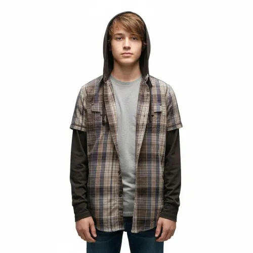 Monoprix Chemise Garçon Avec Capuche, Effet 2 en 1, Marron à Carreaux, Produit Original