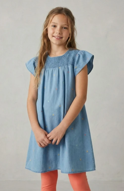 Vertbaudet Ensemble Fille 2 Pièces  Robe Brodée en Denim & Leggings, Produit Original, Bleu