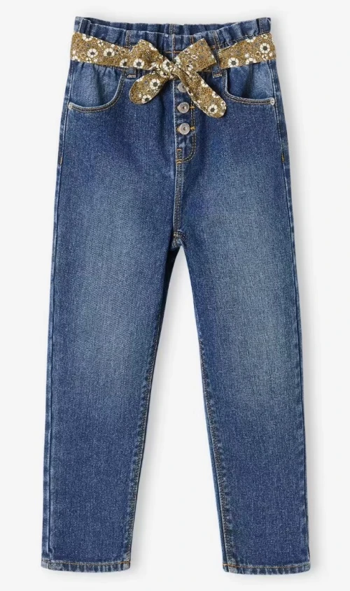 Vertbaudet Jean Fille Avec Ceinture, Style Paperbag, Bleu Brut, Produit Original