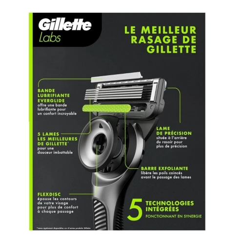 Gillette Labs Rasoir Pour Homme, 5 Lames, Gold Edition , Avec Barre Exfoliante & Support Mural Magnétique, Produit d'Origine