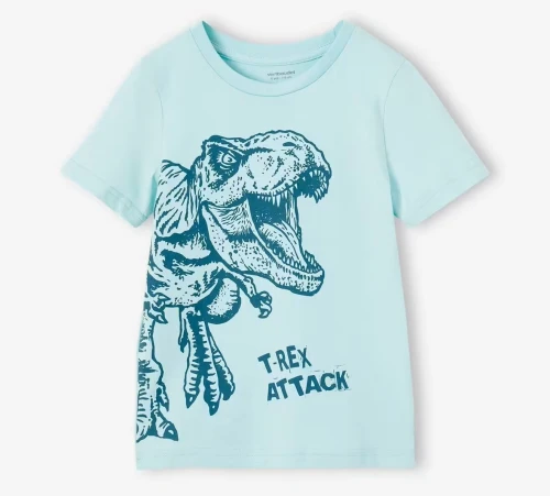 Vertbaudet Tee Shirt Garçon, Manches Courtes, Imprimé Dinosaure, Turquoise, Produit Original