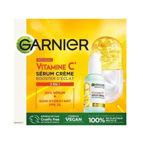 Sérum Garnier Crème Skin Active, Booster d'Éclat 2 En 1, Hydratation 72h, FPS 25,Vitamine C & Agrumes, Pour Peaux Ternes En Manque d'Éclat, 50 ml, Produit d'Origine