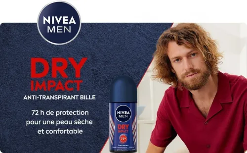 Nivea Men Déodorant Roll On Pour Homme, Protection 72h, Anti Transpirant Dry Impact, 50 ml, Produit d'Origine