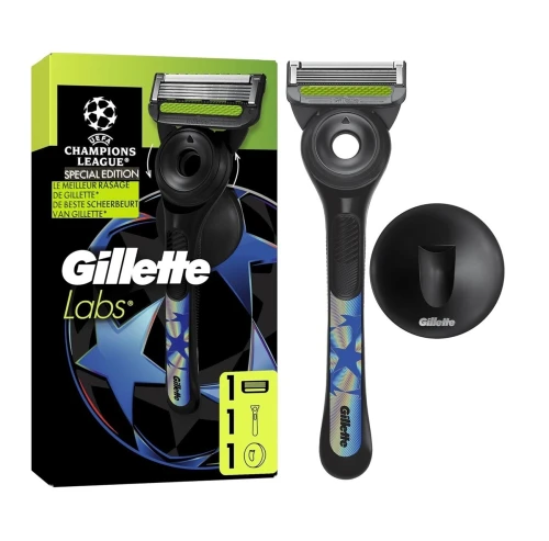 Gillette Labs Rasoir Pour Homme, 5 Lames, UEFA Champions League Spécial  , Avec Barre Exfoliante & Support Mural Magnétique, Produit d'Origine