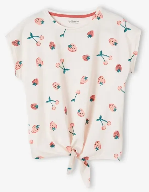 Vertbaudet Tee Shirt Imprimé Fille, Avec Nœud Fantaisie, Rose Mauve, Produit Original