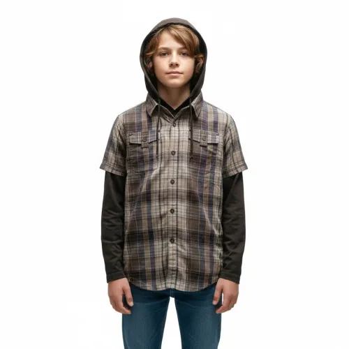 Monoprix Chemise Garçon Avec Capuche, Effet 2 en 1, Marron à Carreaux, Produit Original