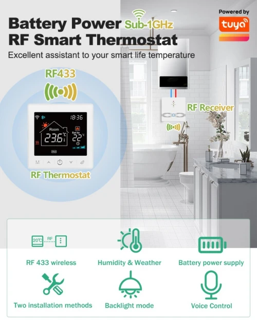Thermostat connecté Wi-Fi sans fil  RF 433 1GHz portée 200m, compatible Google home. SmartLife,Tuya