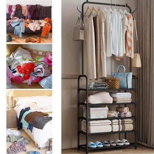 Porte à Vêtements avec 5 Étagères de Rangement et Roulettes  حامل ملابس مع 5 أرفف تخزين وعجلات