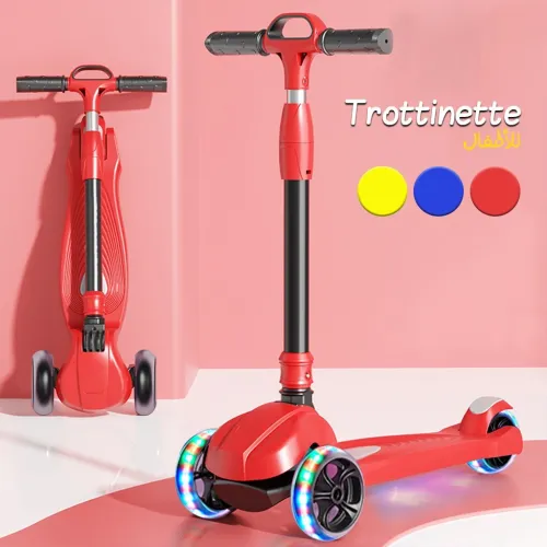 Trottinette Enfant à 3 Roues Lumineuses, Pliable à Hauteur Réglable pour Enfants