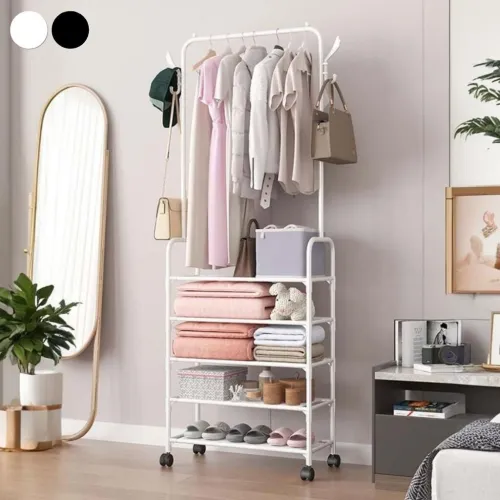 Porte à Vêtements avec 5 Étagères de Rangement et Roulettes  حامل ملابس مع 5 أرفف تخزين وعجلات