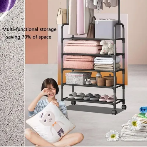 Porte à Vêtements avec 5 Étagères de Rangement et Roulettes  حامل ملابس مع 5 أرفف تخزين وعجلات