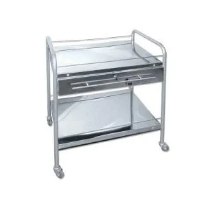 GUÉRIDON EN INOX À 2 ÉTAGES AVEC GRAND TIROIR