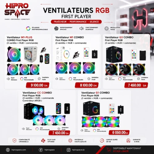 PACKS VENTILATEURS RGB FIRST PLAYER (3 VENTILO + HUB + COMMANDE) 5 Modules