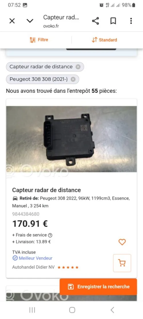 Capteur radar de distance peugeot 308