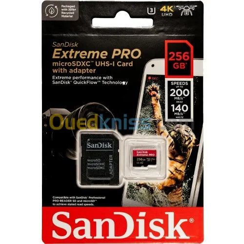 SANDISK EXTREME PRO 256GB - CARTE MÉMOIRE MSDXC UHS-I - JUSQU'À 200 MO/S - UHD 4K - AVEC ADAPTER