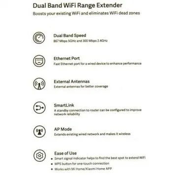XIAOMI MI WIFI RANGE EXTENDER AC1200 - DUAL BAND - WIRELESS SPEED - SMART LINK - 867MBPS - ETHERNET