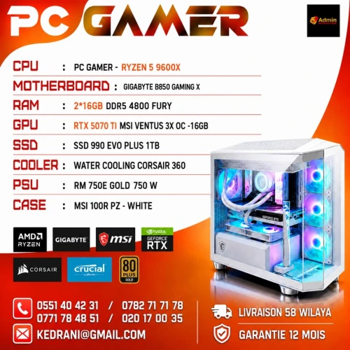 PC GAMER - B850 GAMING X WIFI 6E - RYZEN 5 9600X - 32GB RGB DDR5 - 1TB SSD - RTX 5070 TI 16GB BLACK - CORSAIR 360MM - CORSAIR RM750E - MSI 100R PZ PANNEAU - BLACK